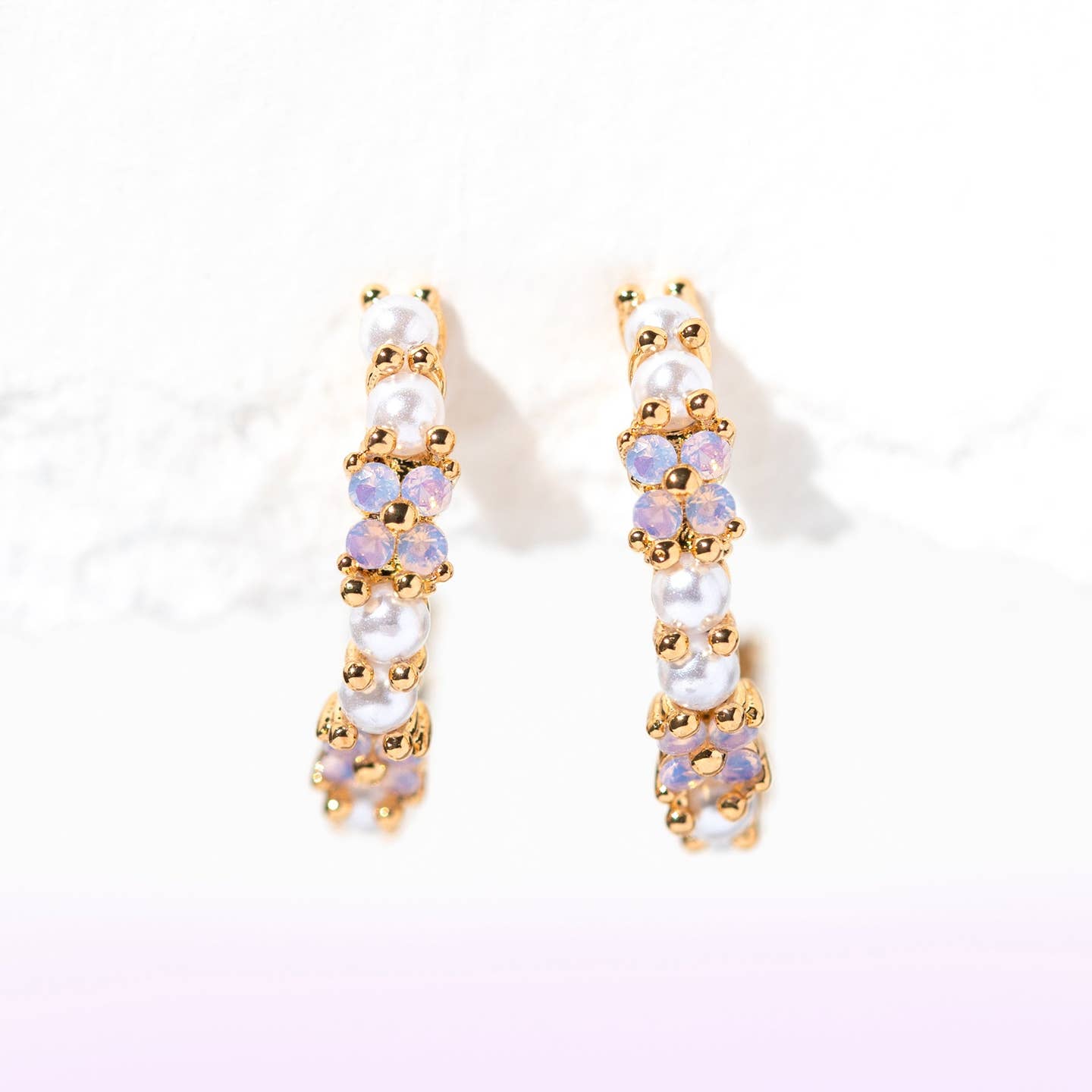 Orchid Gem Pearl Hoop Earrings | 18k Gold Plated