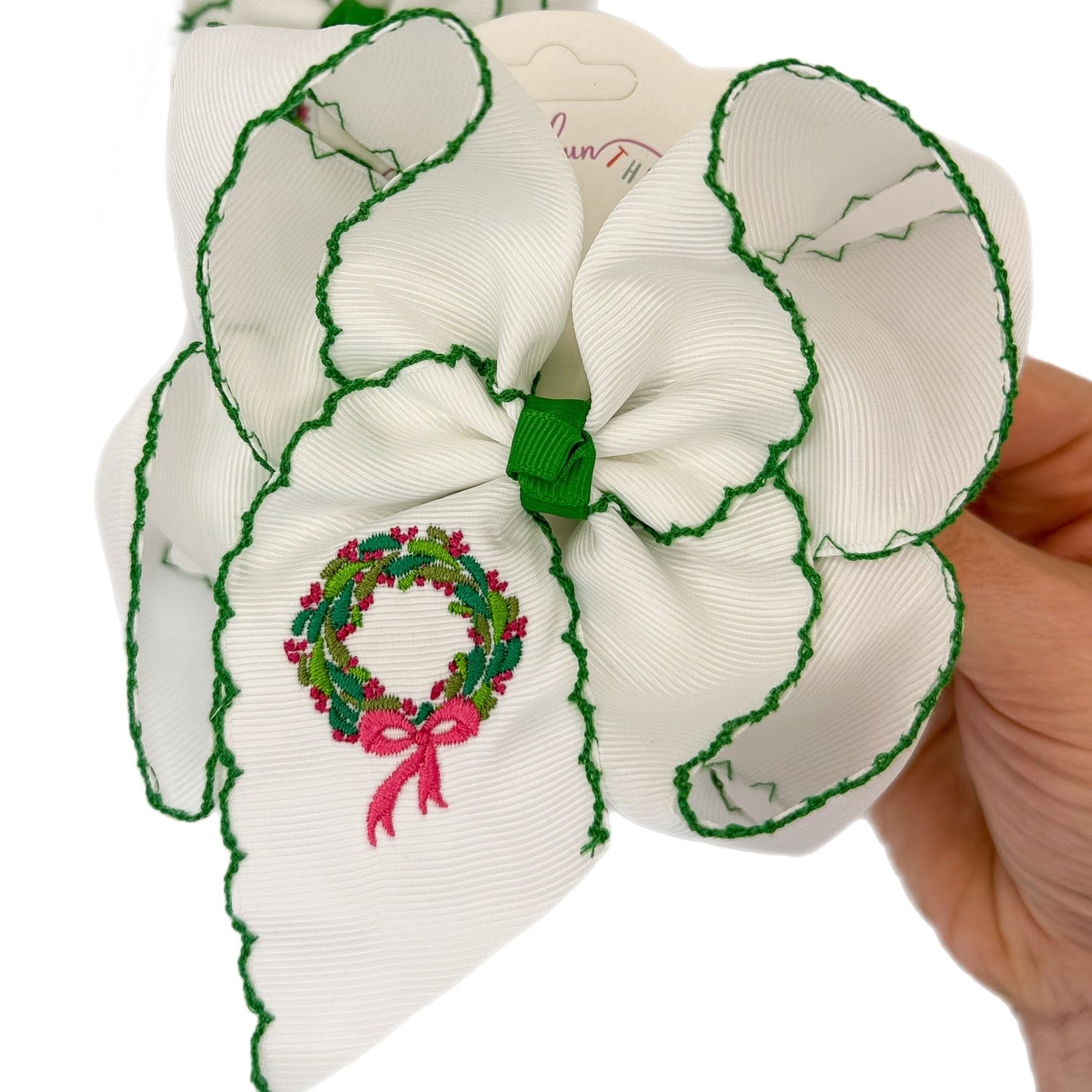 Christmas Wreath Moonstitch Grosgrain Hair Bow