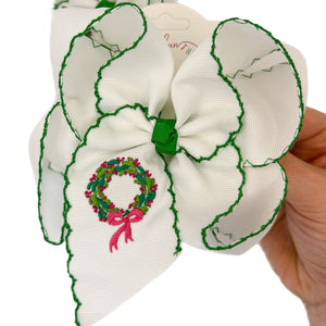 Christmas Wreath Moonstitch Grosgrain Hair Bow