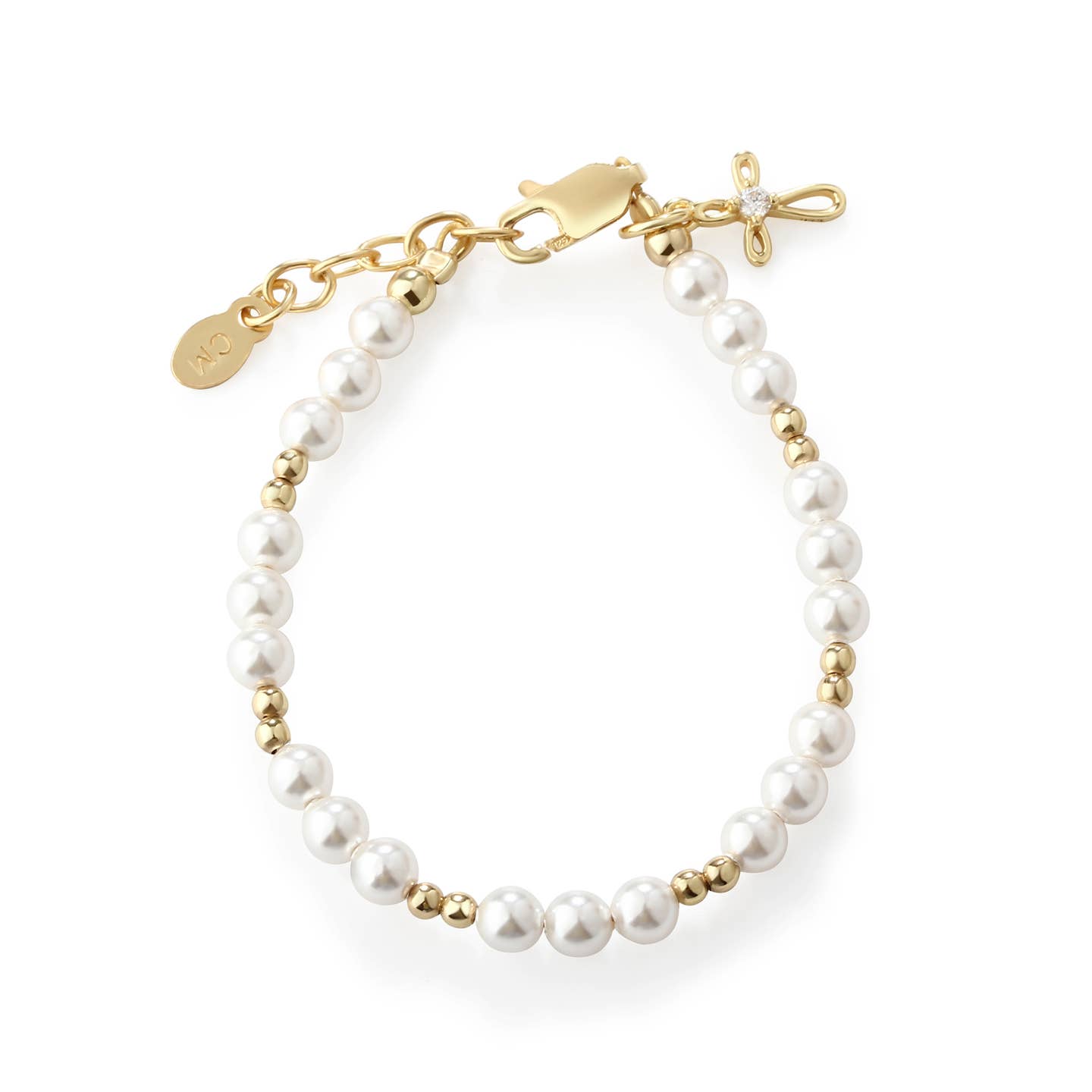 Girls Pearl and 14K Gold Plated Cross Bracelet