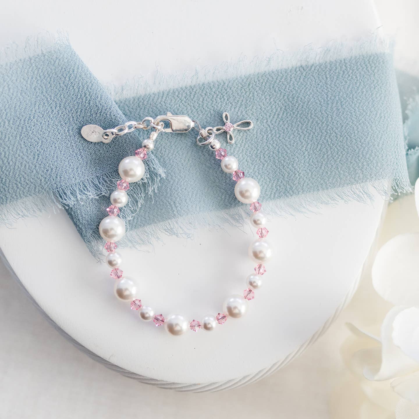 Girls Sterling Silver Pink Pearl Cross Bracelet