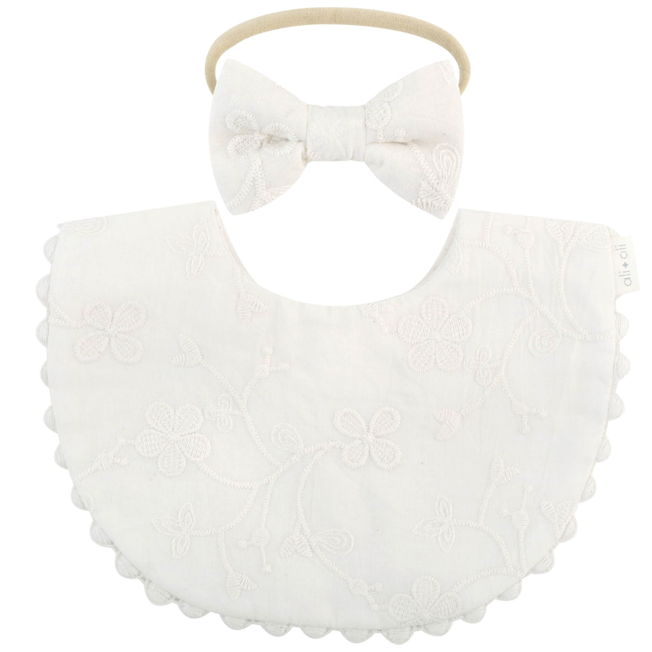 Cotton Double Sided Baby Bib + Bow | Embroidered Flowers
