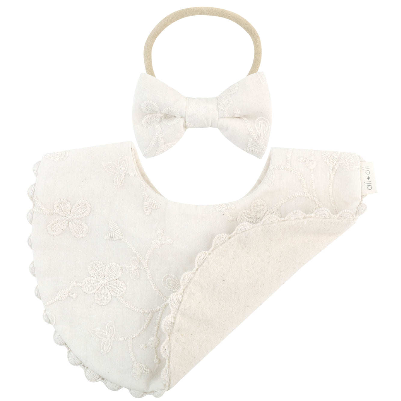 Cotton Double Sided Baby Bib + Bow | Embroidered Flowers