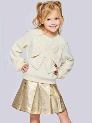 Long Sleeve Sherpa Bow Top with Pearls