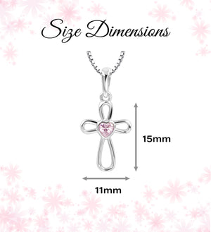 Girls Sterling Silver Pink Heart Cross Necklace