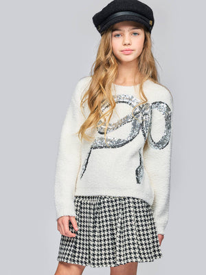 Knit Pullover Sweater with Sequin Embroidered Bow