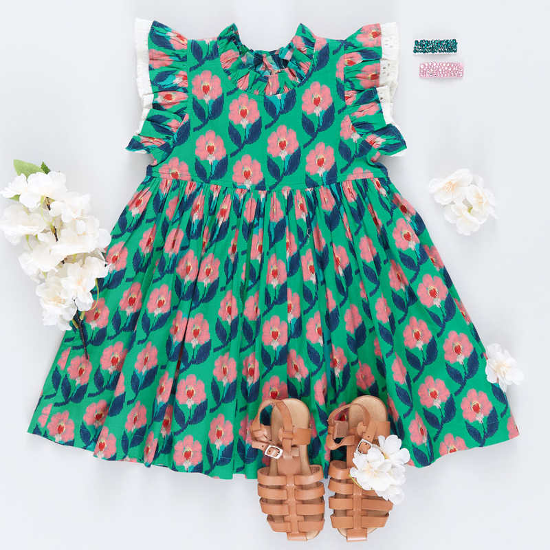 Girls Leila Dress | Green Ikat Floral