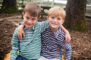 Long Sleeve Too Cool for School Cotton Polo | Dark Denim Faded Orange Stripe