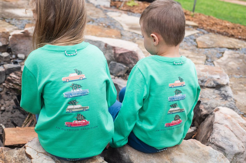 Pro Performance Long Sleeve T-shirt | Green Spruce with Christmas Tree Cars