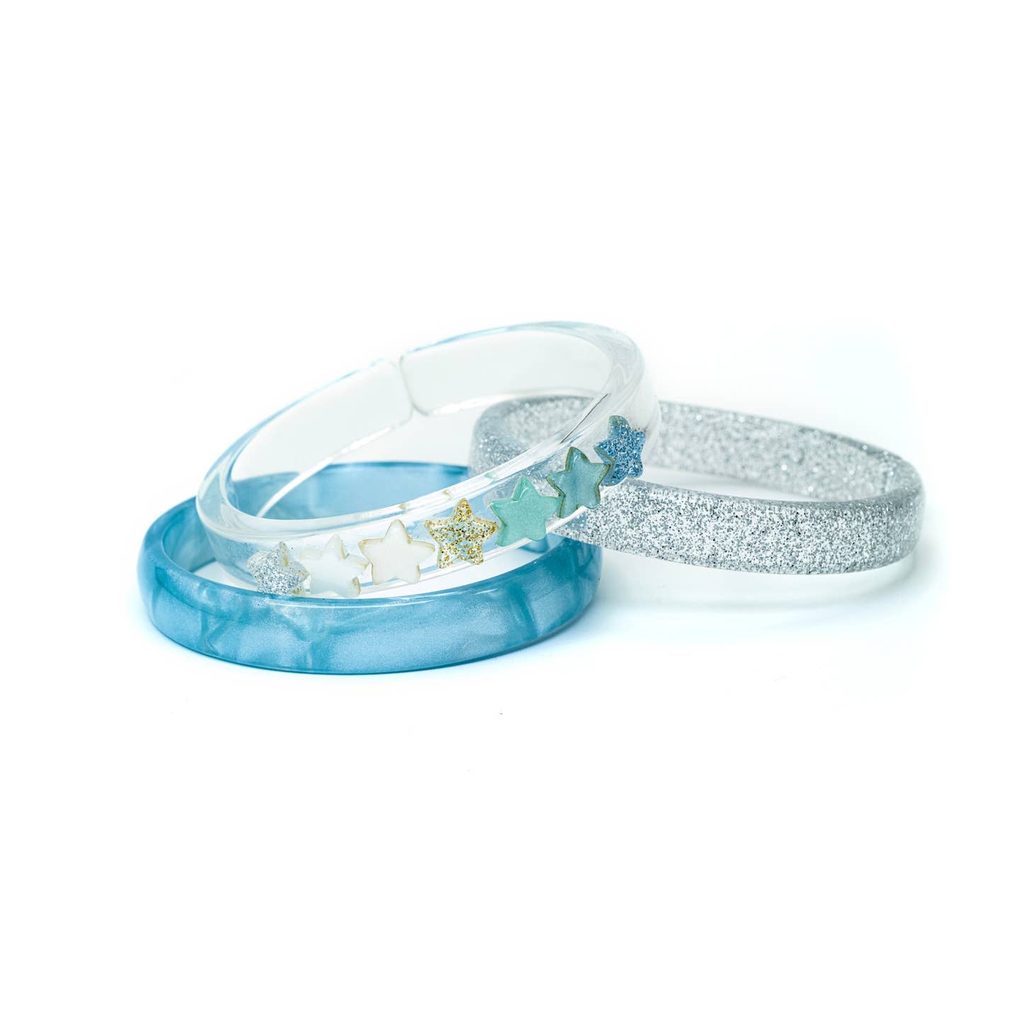 Stars Pearlized Blue Glitter Gold Mix Acrylic Bangle Bracelets | Set of 3