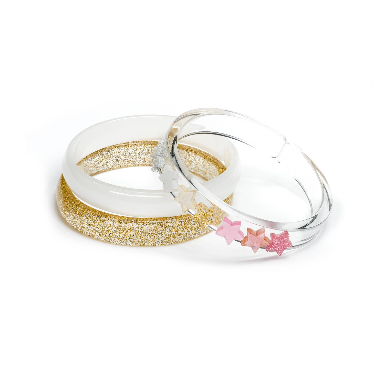 Stars Pearlized Pink Glitter Gold Mix Acrylic Bangle Bracelets | Set of 3