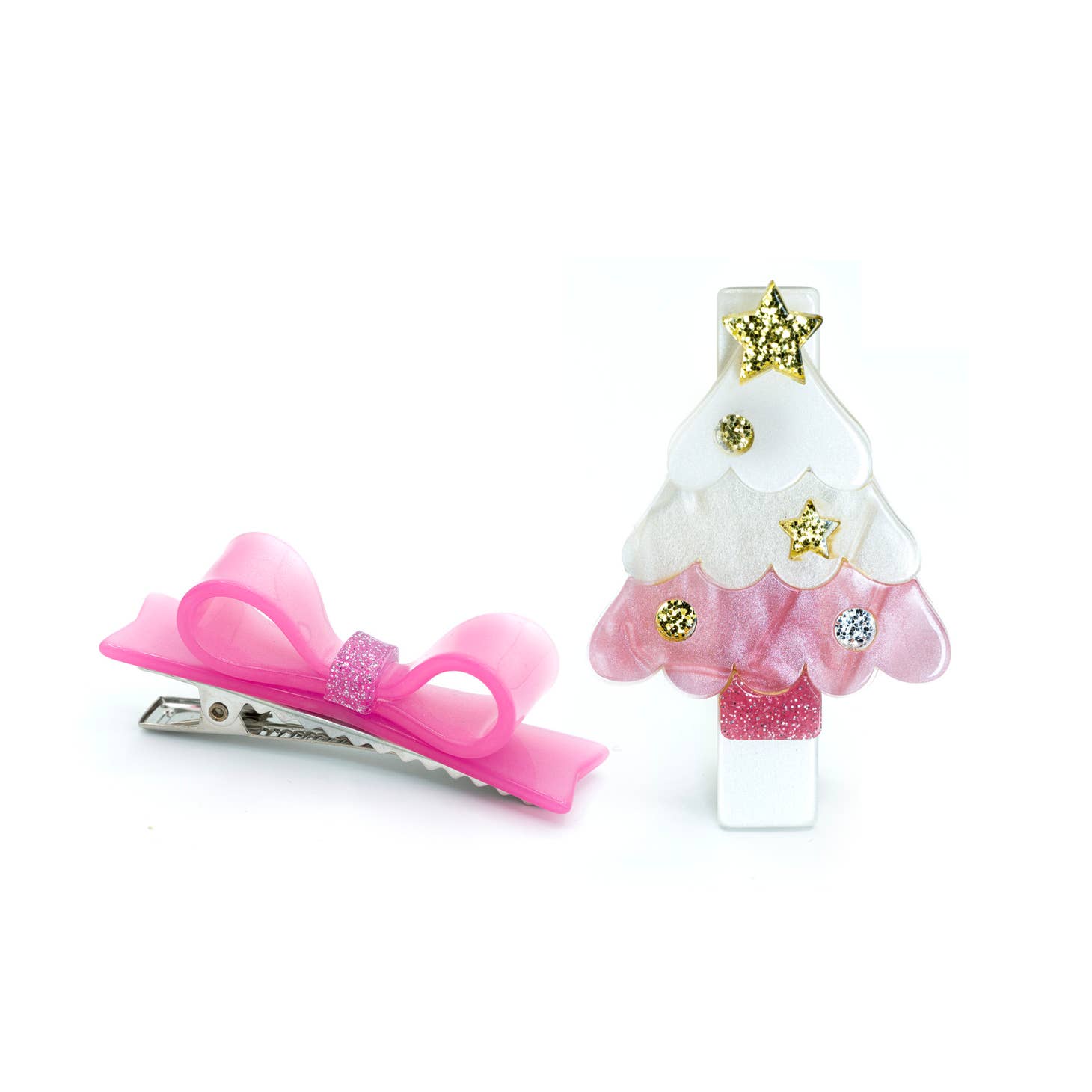 Christmas Tree Pink & Bowtie Alligator Acrylic Clips | Set of 2