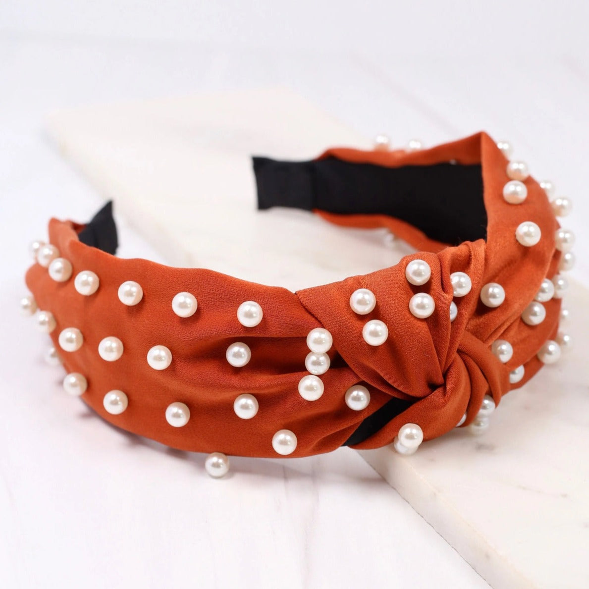 Maddie Satin Headband with Pearls | Burnt Orange