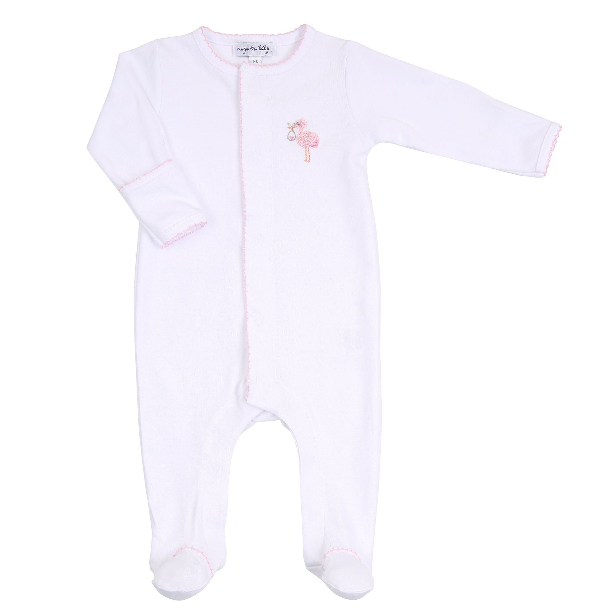 Tiny Stork Embroidered Footie | Pink