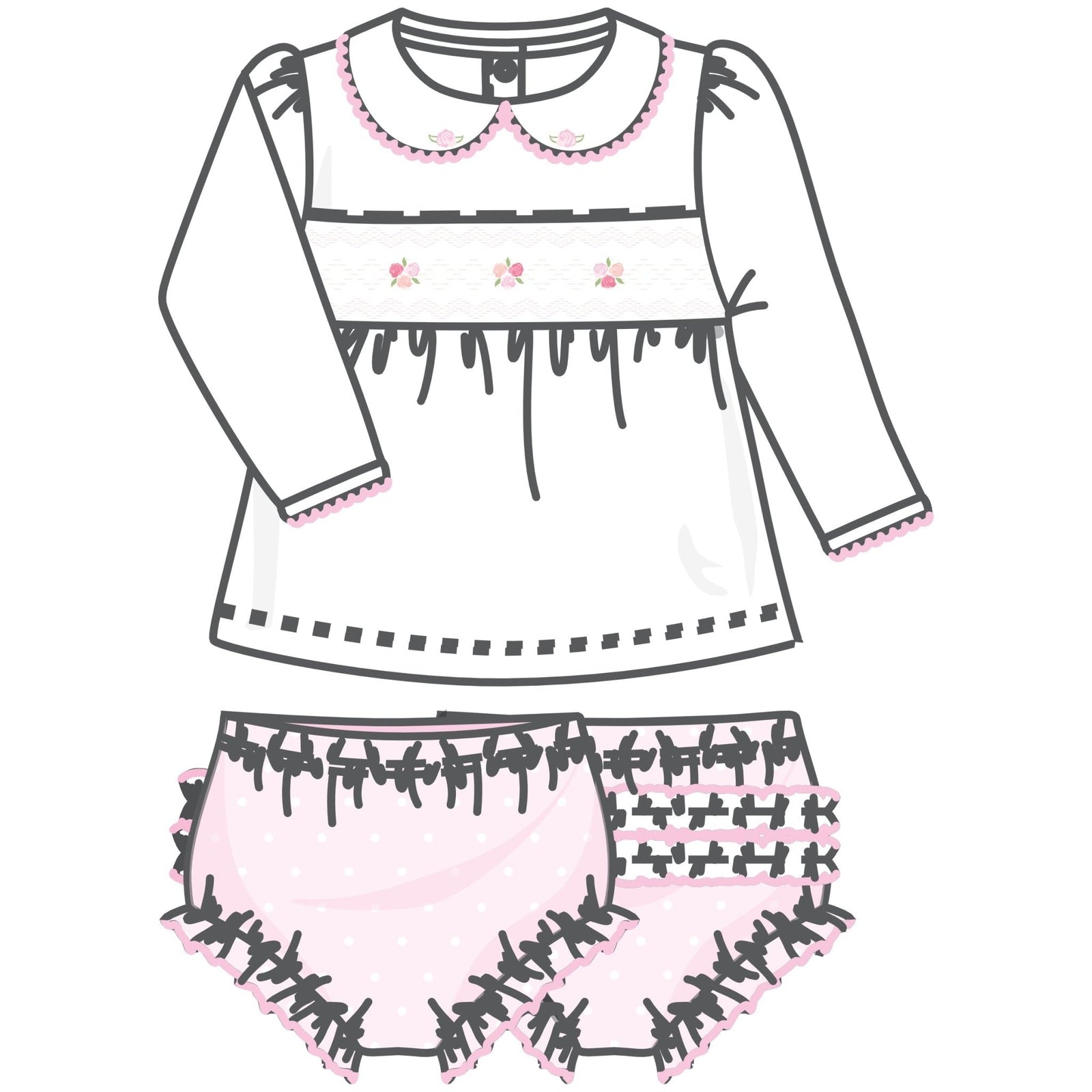 Mia's Smocked Collared Ruffle Long Sleeve Diaper Set