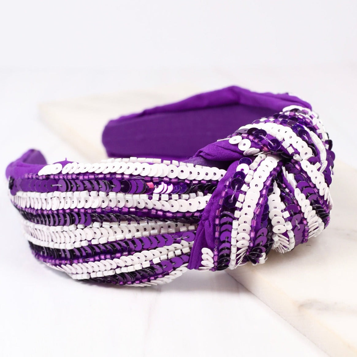 Natasha Sequin Striped Headband | Purple White