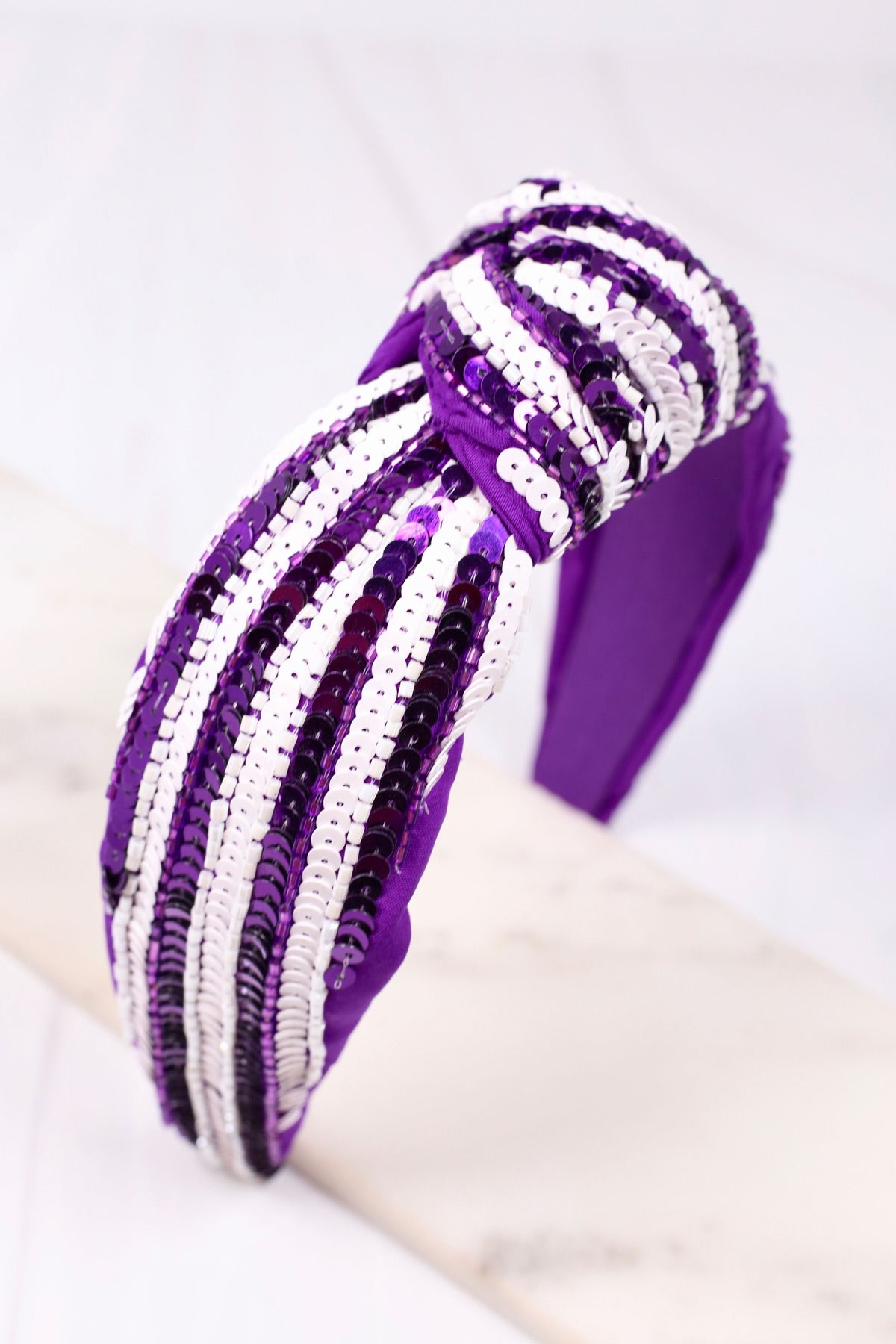 Natasha Sequin Striped Headband | Purple White
