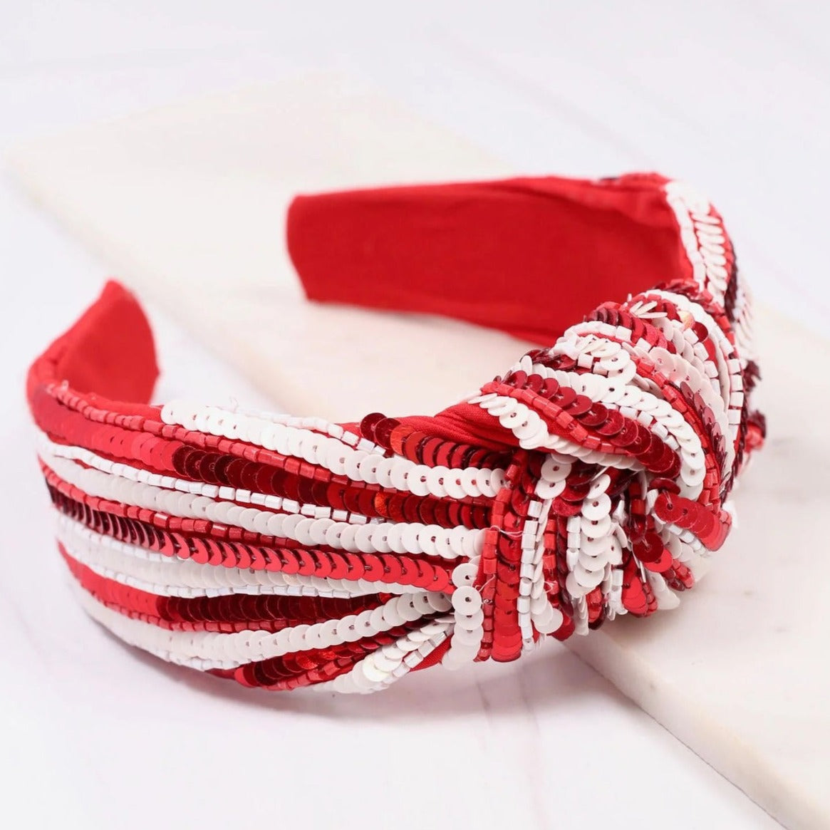 Natasha Sequin Striped Headband | Red White