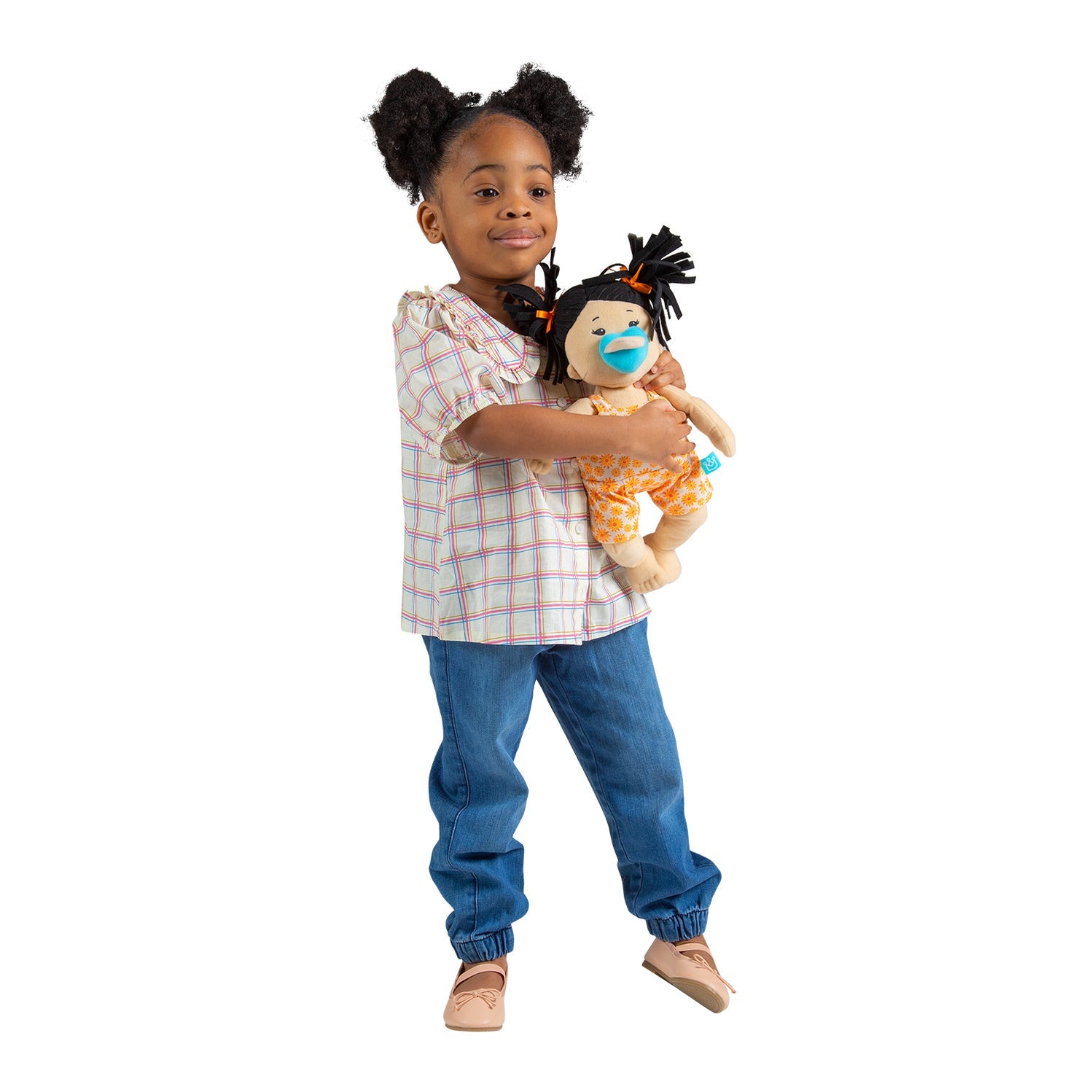 Baby Stella Beige Soft Plush Baby Doll with Black Ponytails