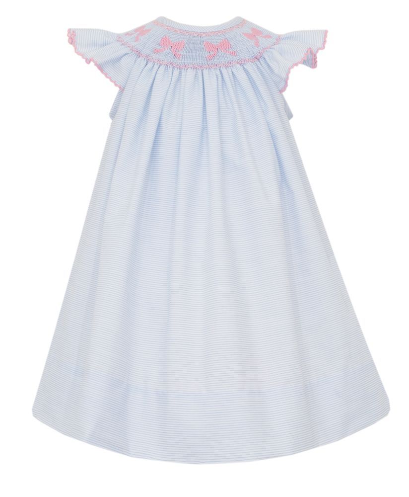 Light Blue Stripe Angel Wing Bows Smocked Bishop Dress
