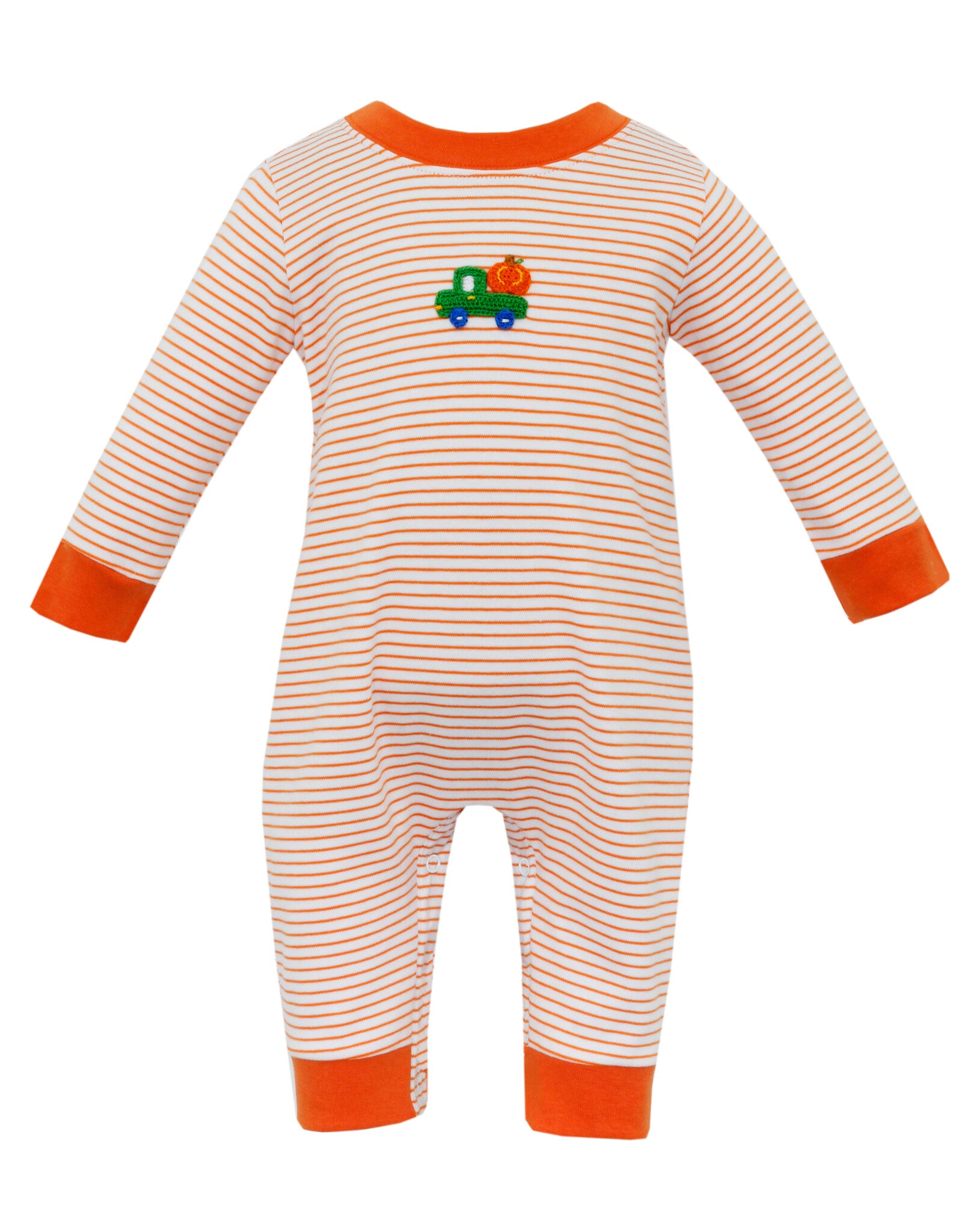 Orange and White Stripe Long Sleeve Romper with Hand Embroidered Pumpkin Truck