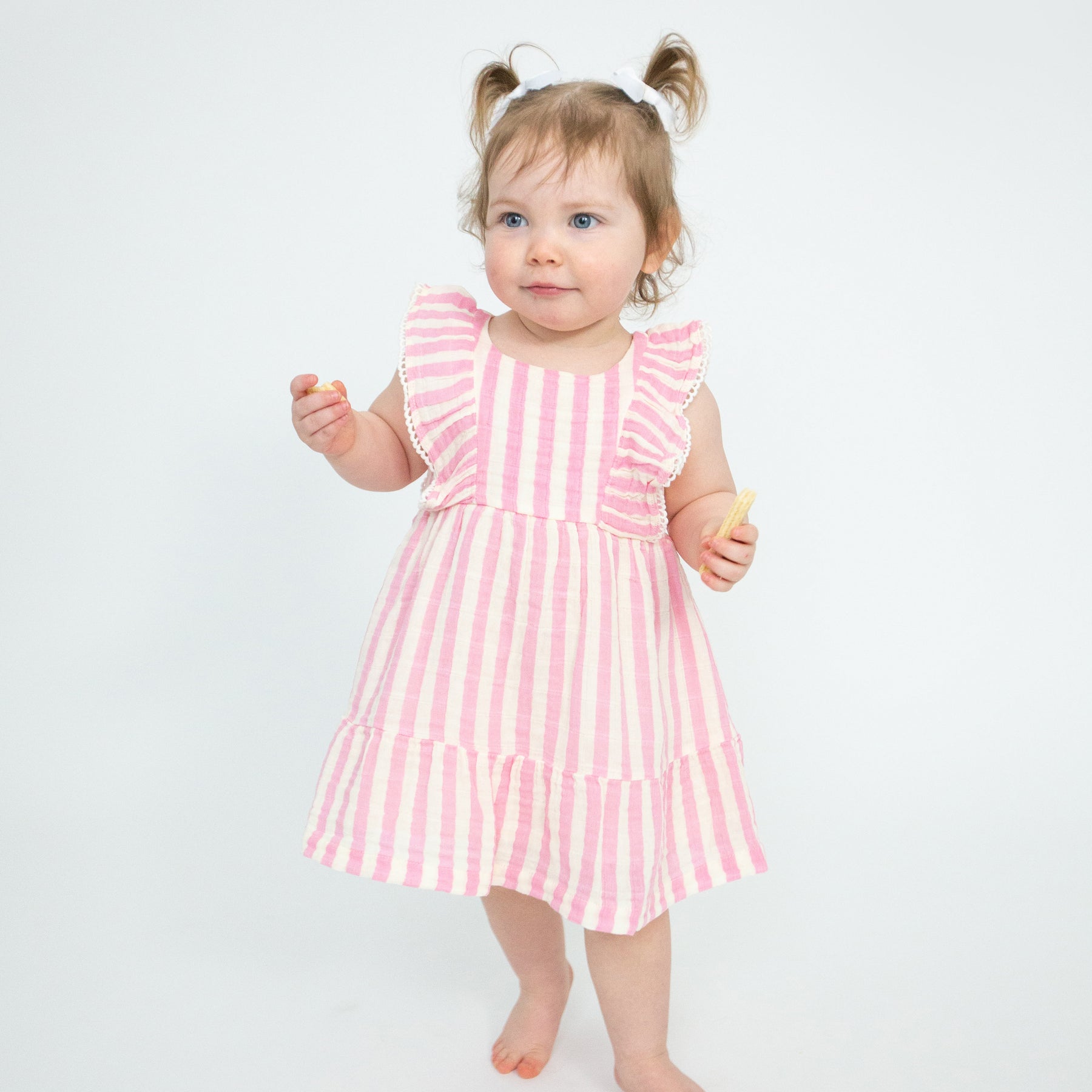 Pink Stripe Muslin Picot Trim Dress