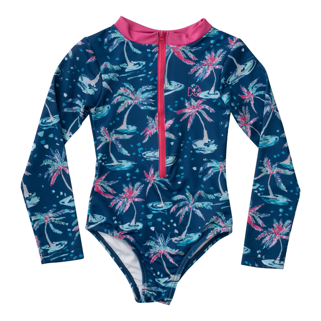 Surf and Turf One Piece Swimsuit | Dark Blue Palm Print