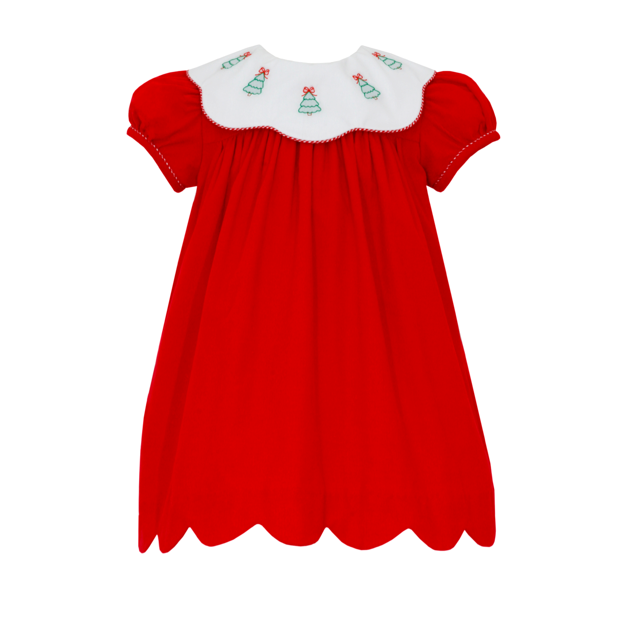 Girls Red Corduroy Scalloped Collar Dress with Christmas Tree Embroidery