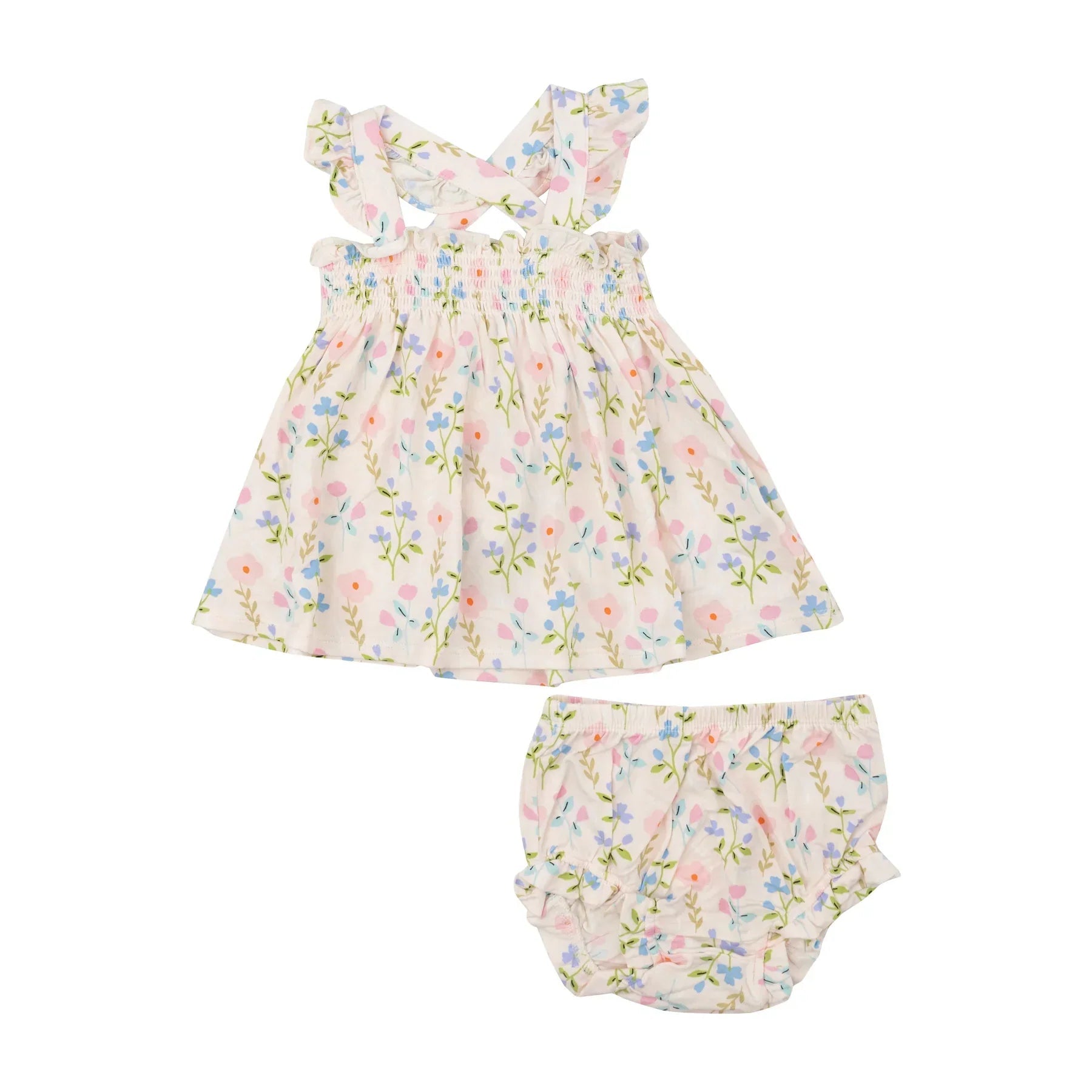 Simple Pretty Floral Bamboo Ruffle Strap Smocked Top and Diaper Cover Set