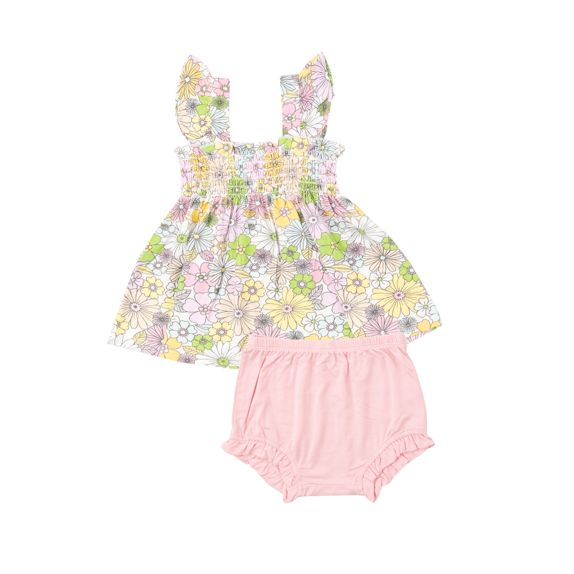 Mixed Retro Floral Bamboo Ruffle Strap Smocked Top and Diaper Cover Set