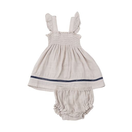 Oatmeal Muslin Ruffle Strap Smocked Top and Diaper Cover with Trim