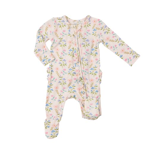 Simple Pretty Floral Bamboo 2 Way Zipper Ruffle Back Footie