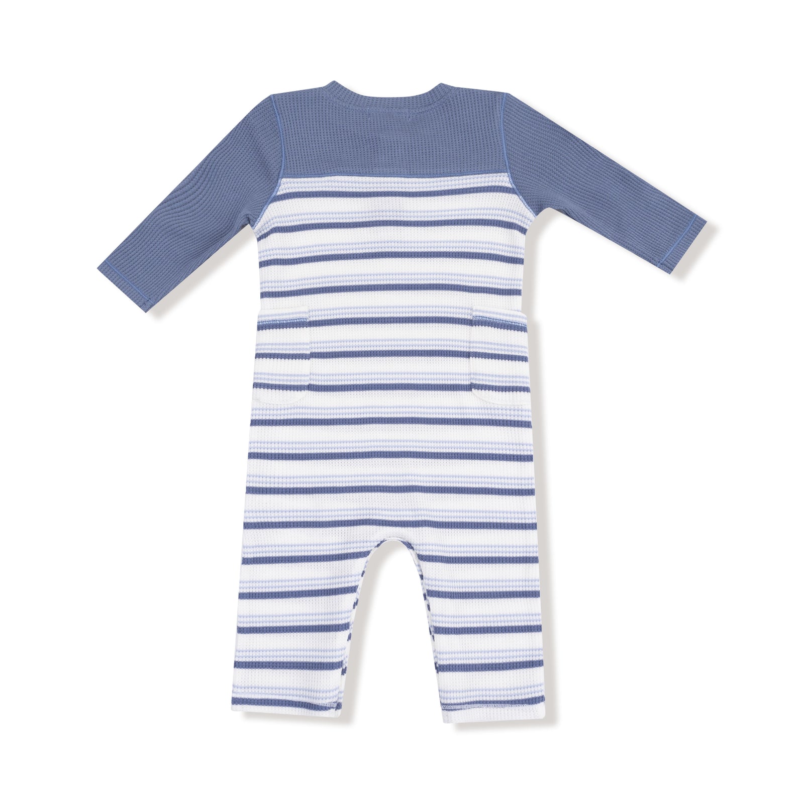 Vintage Blue Stripe Waffle Knit Romper with Contrast Sleeves