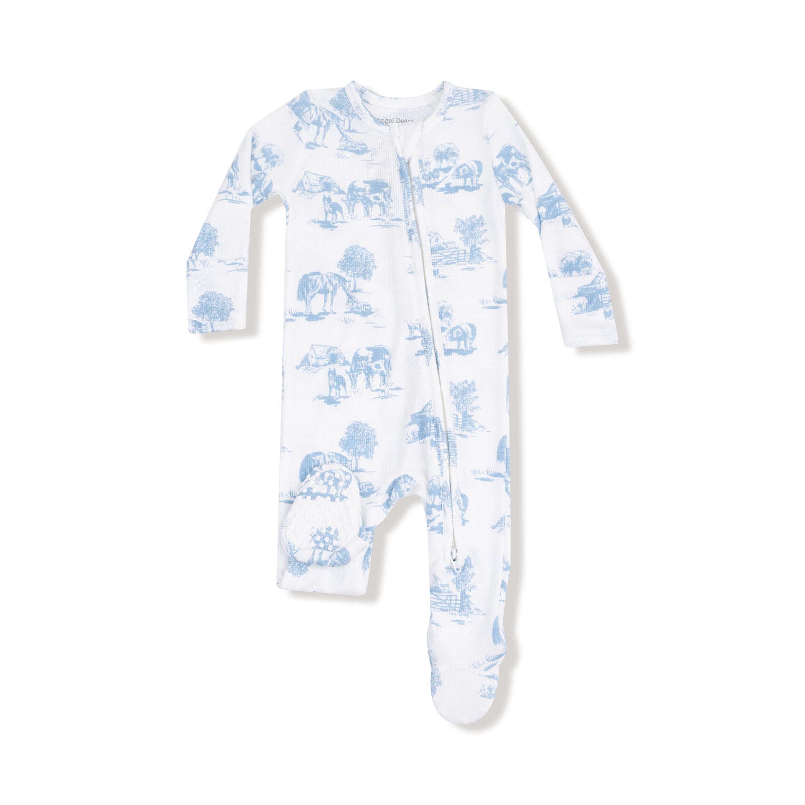 Farm Toile Blue Ribbed Modal 2 Way Zipper Footie