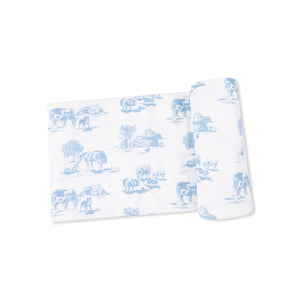 Farm Toile Blue Ribbed Modal Swaddle Blanket