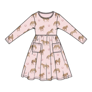 Pink Horses Bamboo Twirly Long Sleeve Dress