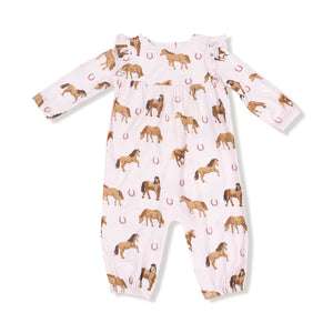 Pink Horses Bamboo Ruffle Sleeve Romper