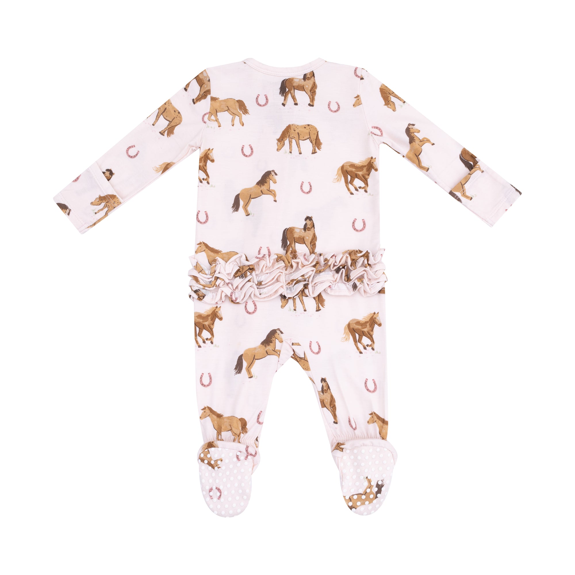 Pink Horses Bamboo 2 Way Zipper Ruffle Back Footie