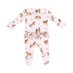 Pink Horses Bamboo 2 Way Zipper Ruffle Back Footie
