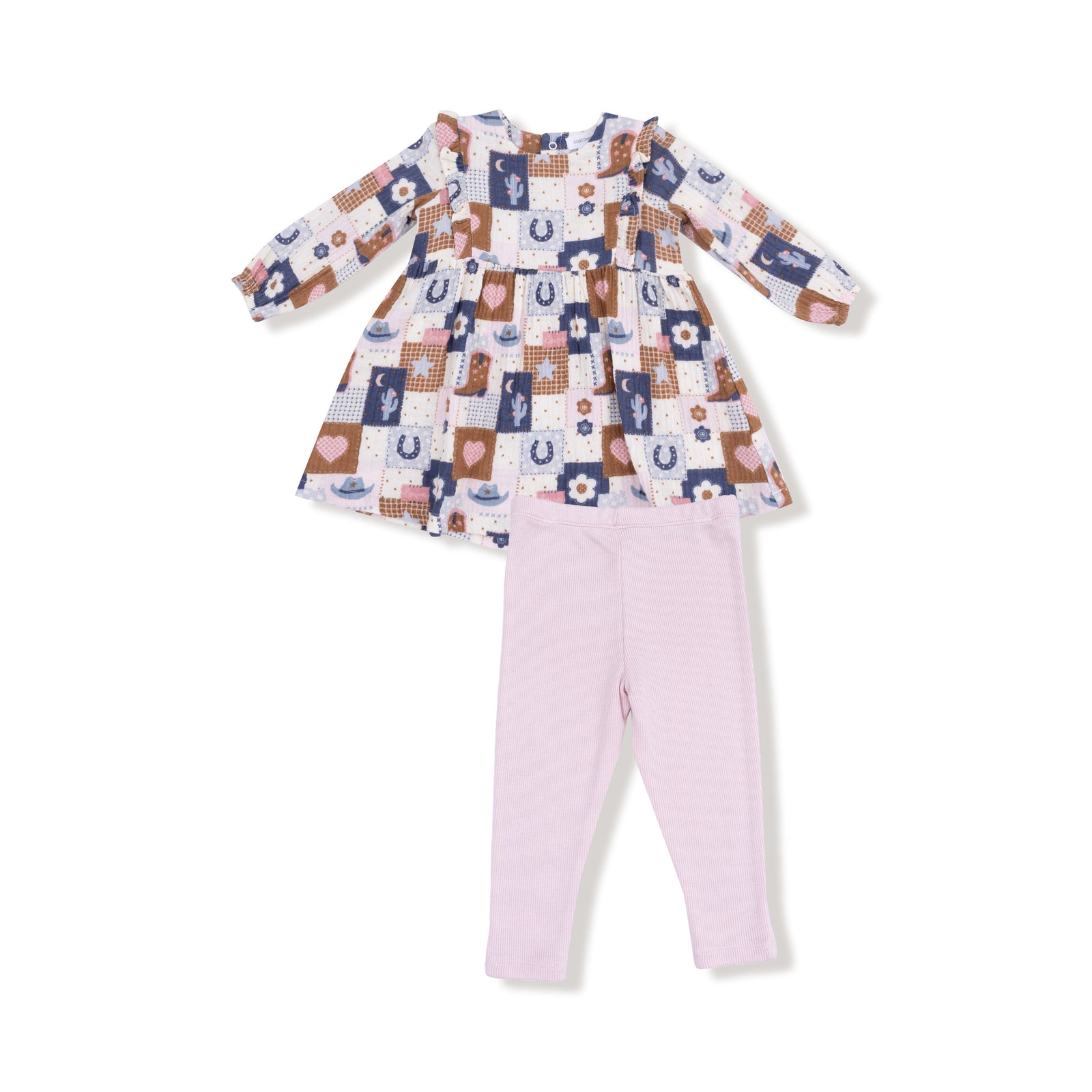 Patchwork Cowgirl Muslin Ruffle Dress with Ribbed Leggings