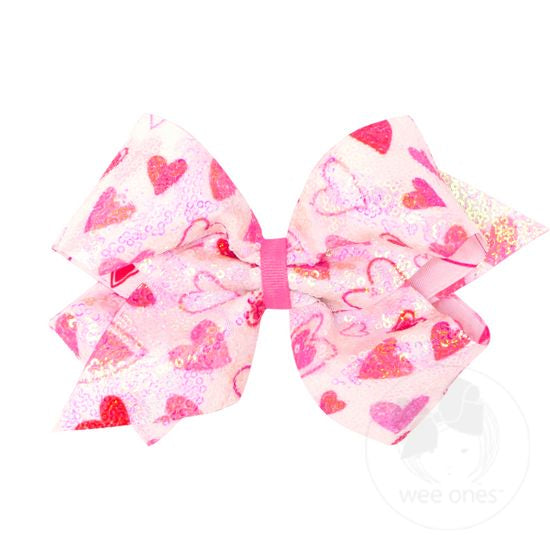 White Sequined Heart Print Bow
