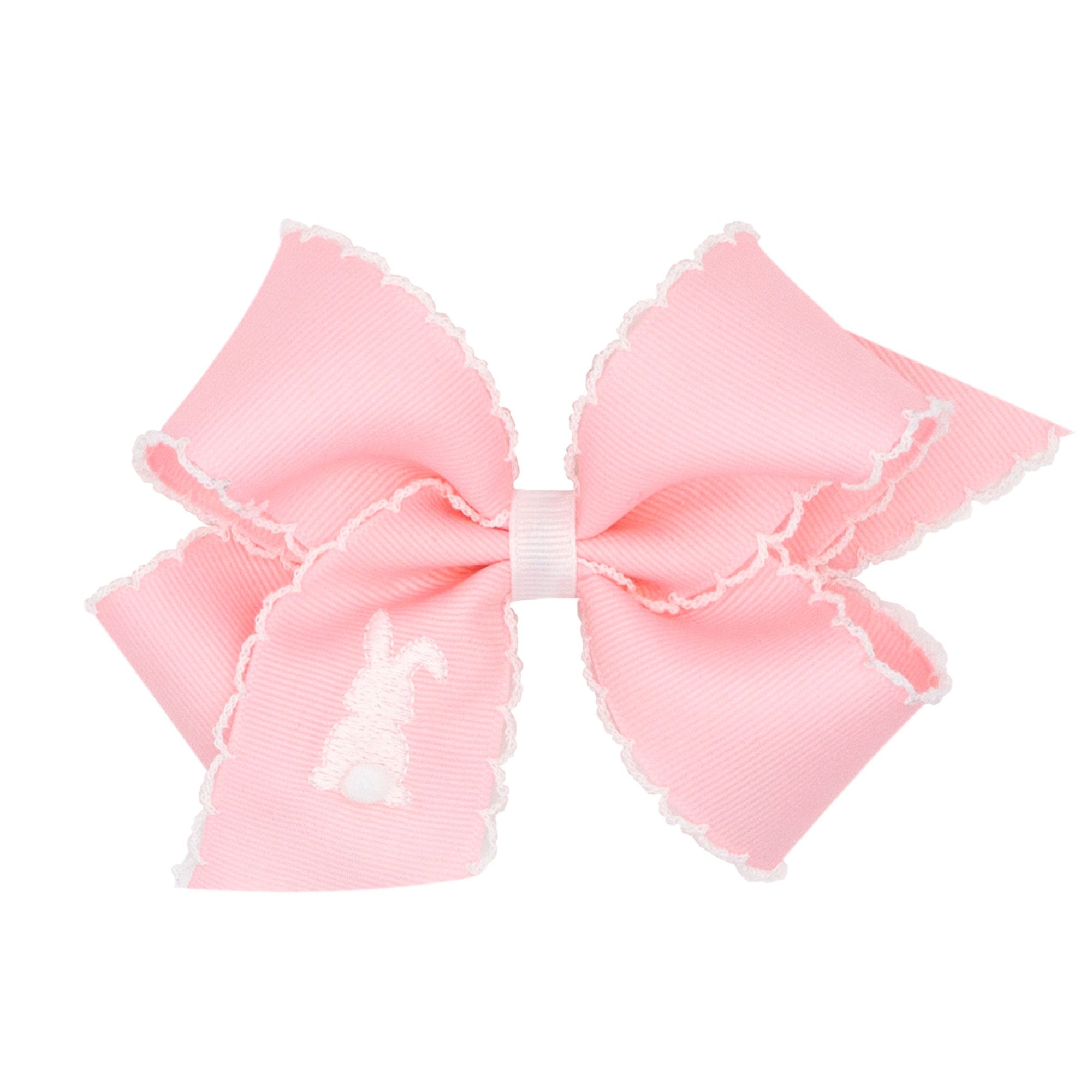 Medium Grosgrain Hair Bow with Moonstitch Edge and Easter Embroidery | White Bunny