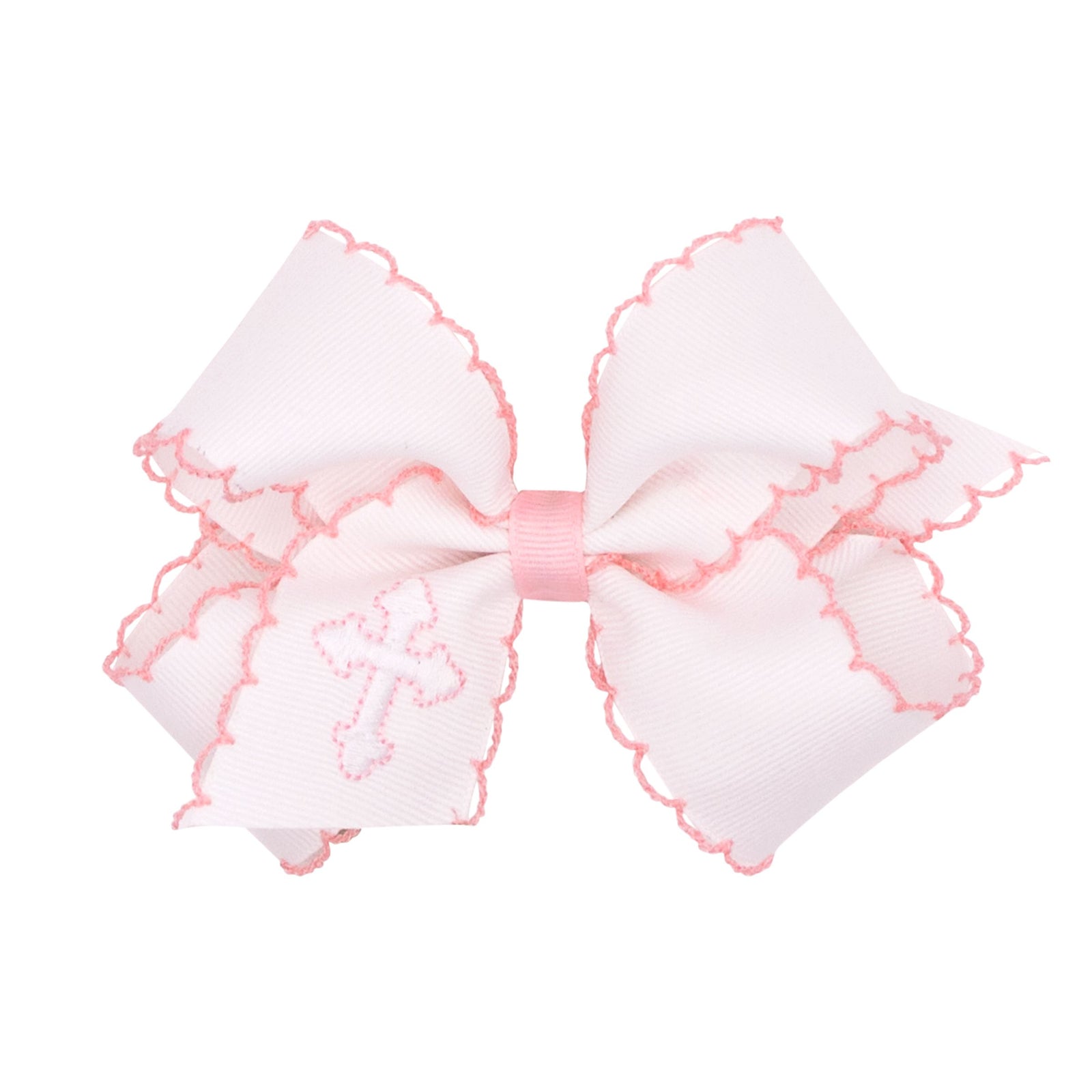 Grosgrain Bow with Moonstitch Edge and White Cross Embroidery | Light Pink