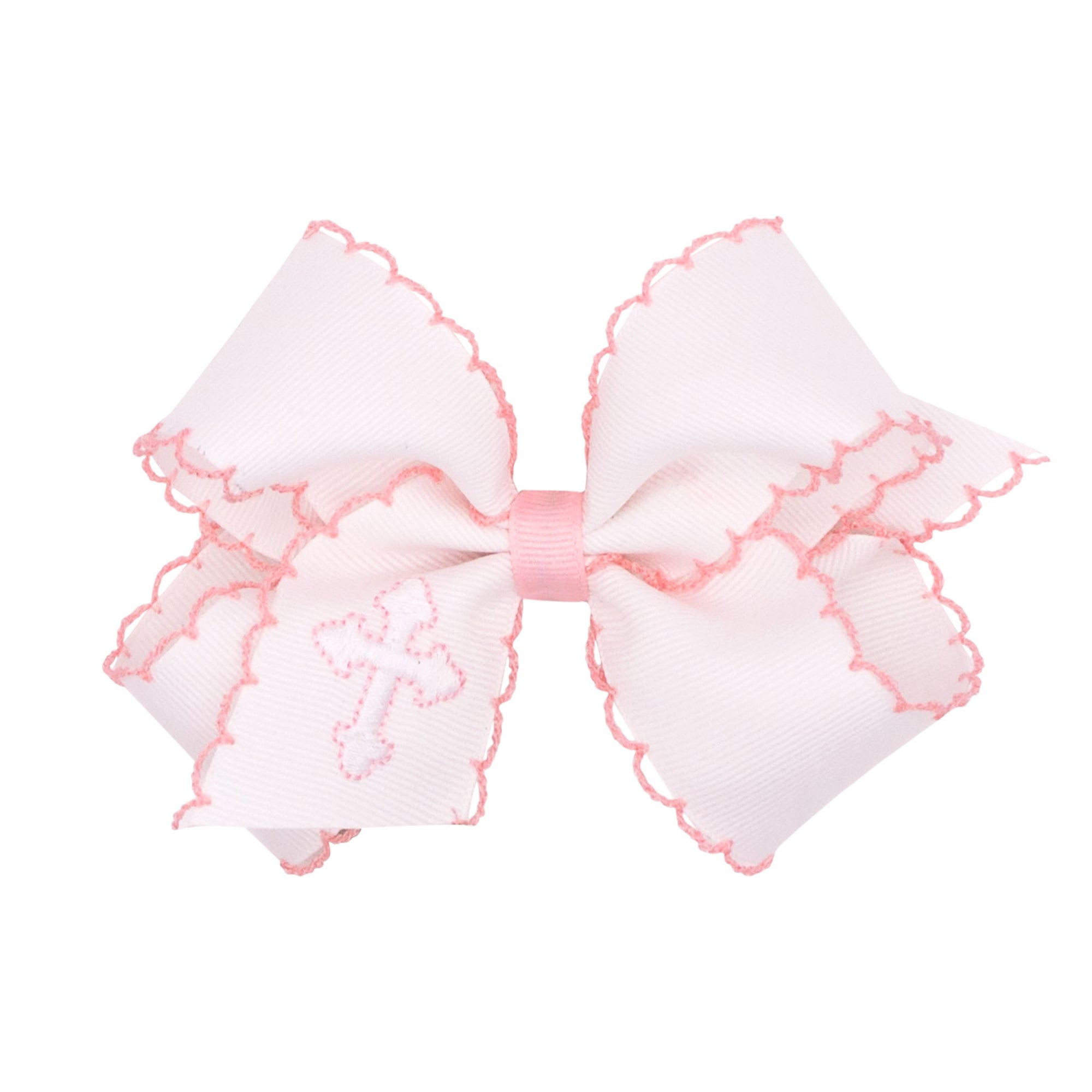 Grosgrain Bow with Moonstitch Edge and White Cross Embroidery | Light Pink