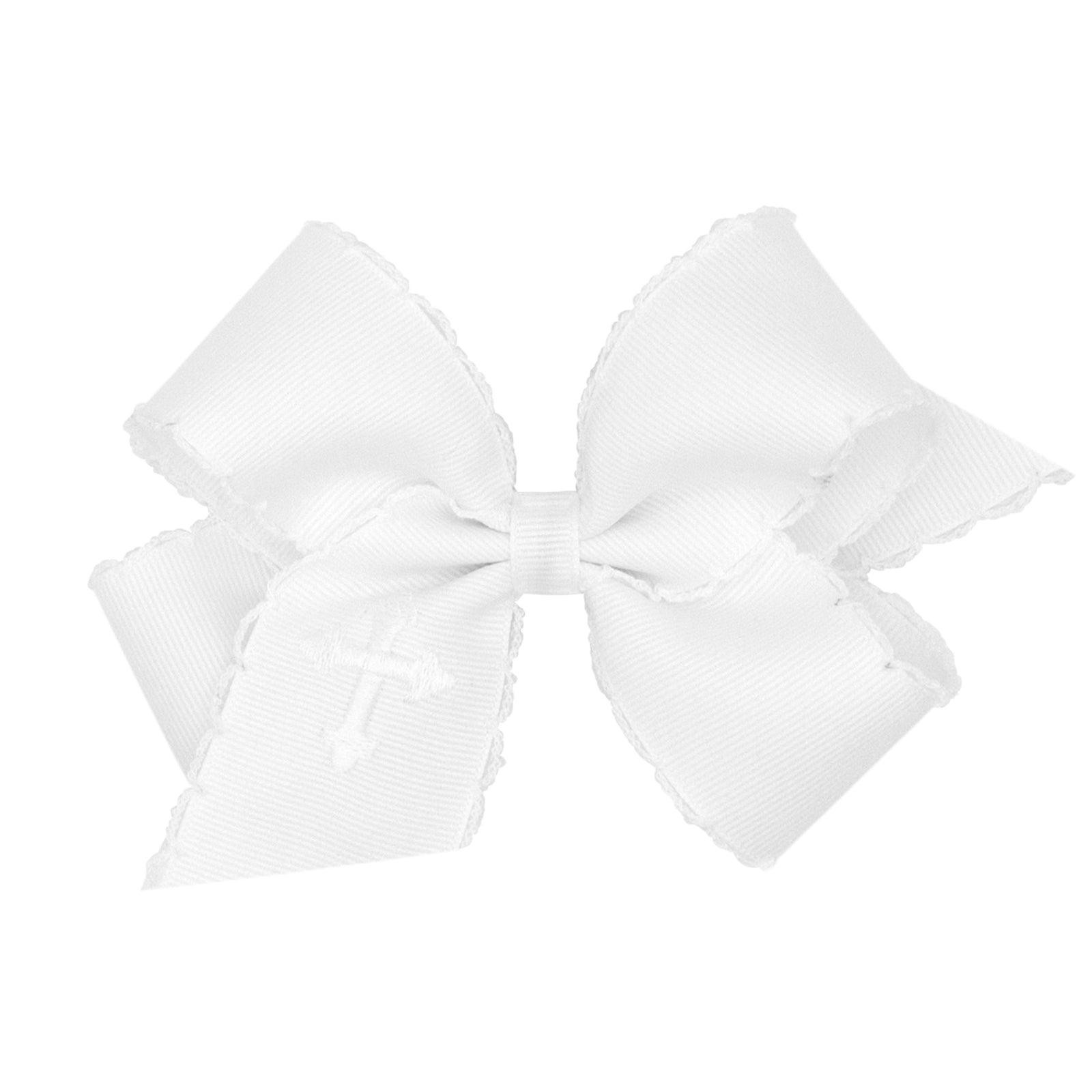 Grosgrain Bow with Moonstitch Edge and White Cross Embroidery | White