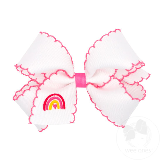 Grosgrain Moonstitch Embroidered Rainbow Heart Hair Bow | Hot Pink