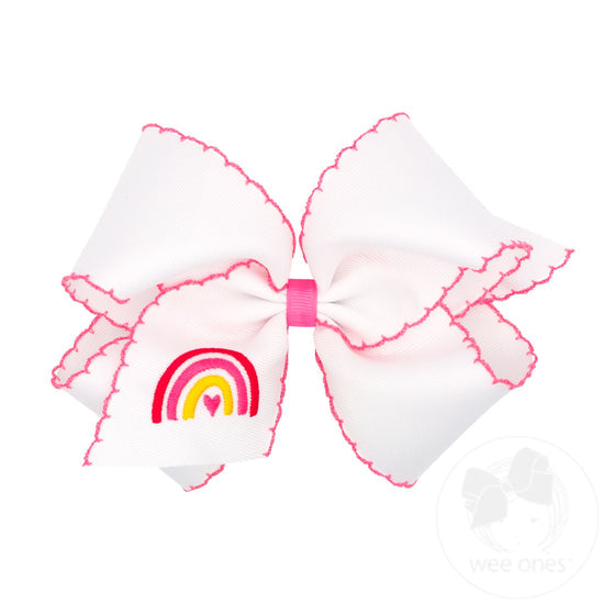 Grosgrain Moonstitch Embroidered Rainbow Heart Hair Bow | Hot Pink
