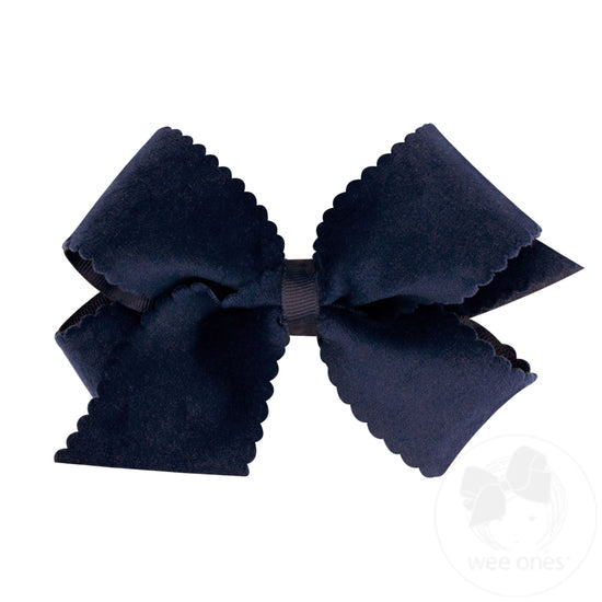 Grosgrain Hair Bow with Scalloped Edge Faux Velvet Overlay | Navy