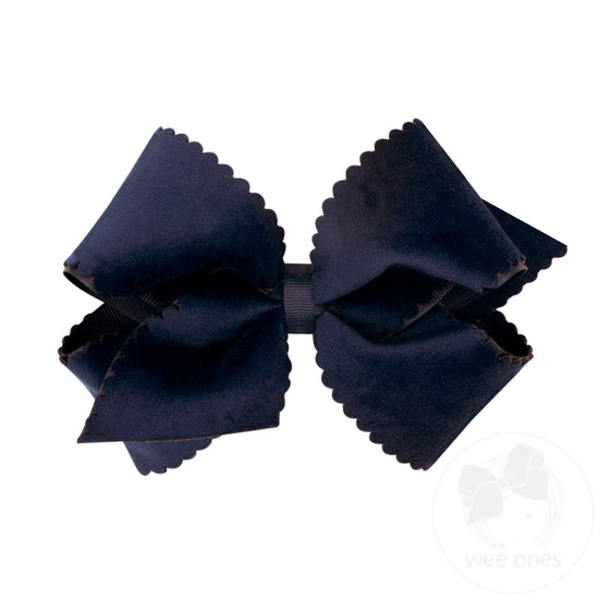 Grosgrain Hair Bow with Scalloped Edge Faux Velvet Overlay | Navy