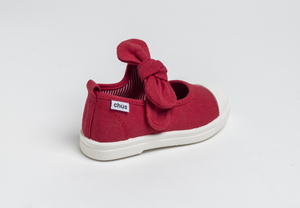 Canvas sneakers with single velcro strap and removable bow tie in red. Adorable monogrammed. Chus Shoes. Back view.